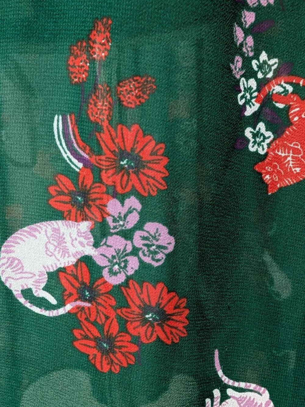 Modcloth Womens Size XL Green Floral Kitty Cats Sheer Ruffle Neck Retro Dress - Picture 9 of 12